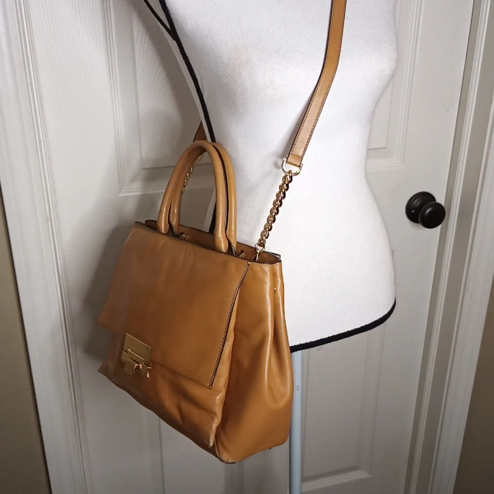 Michael Kors Carmel Tan leather Satchel Shoulder Crossbody Bag Multi-Pocket